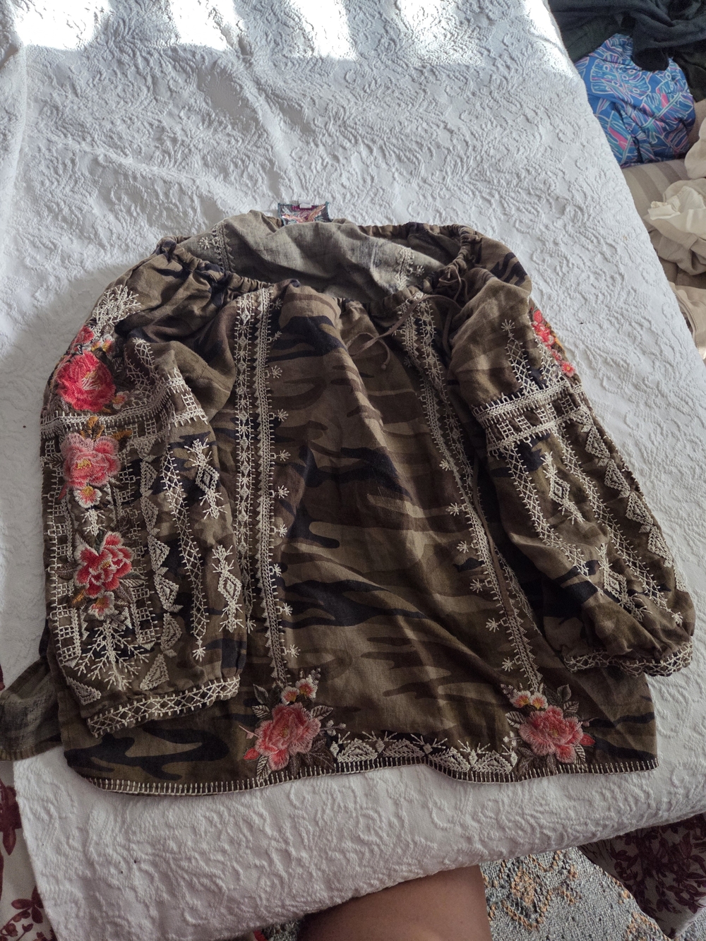 Embroidered Olive Camo Women's Jacket with Pink Floral Accents